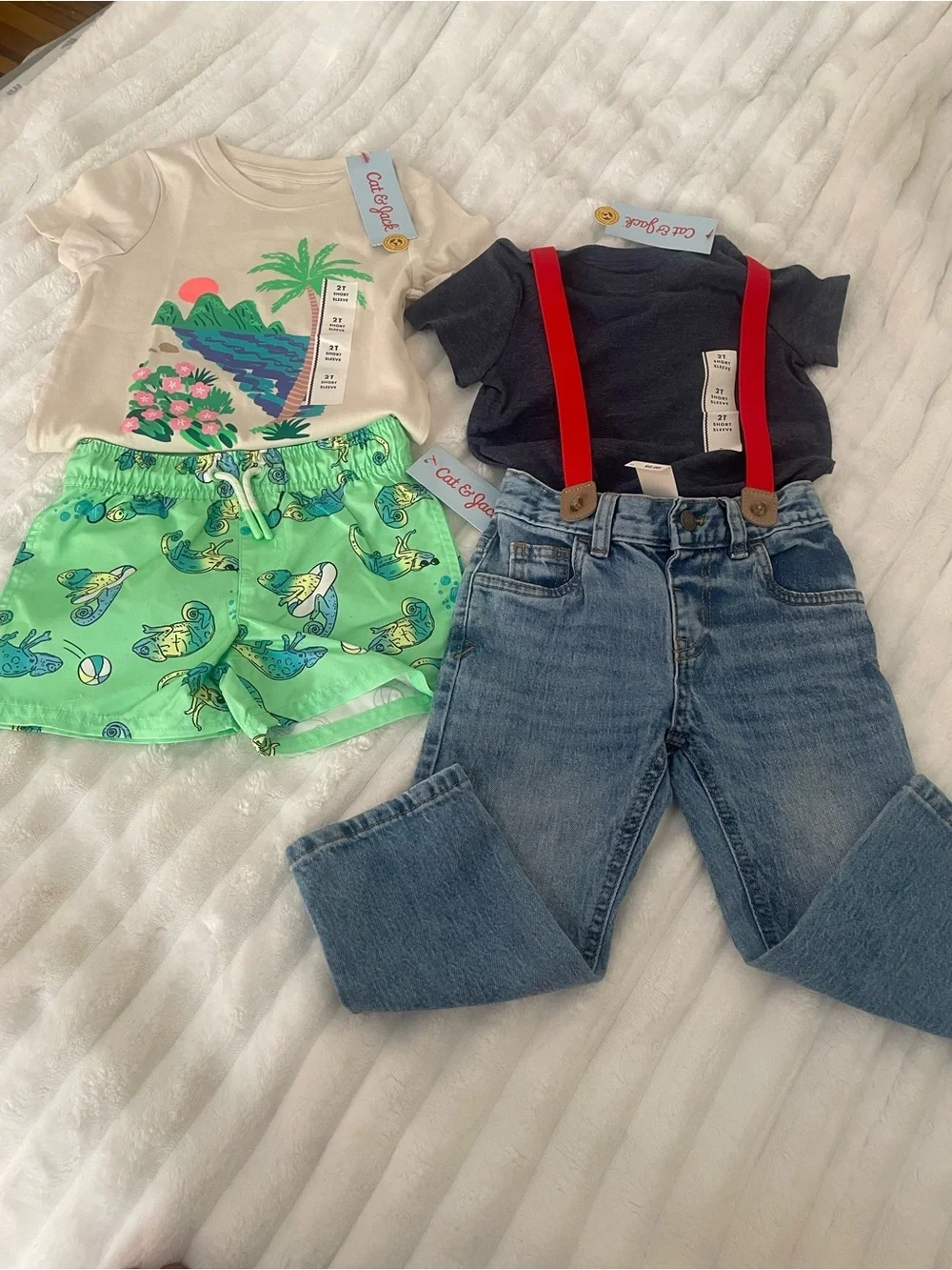 Cat & Jack Neon Green Swim Shorts with Yellow and Teal Chameleon Print 4 pieces